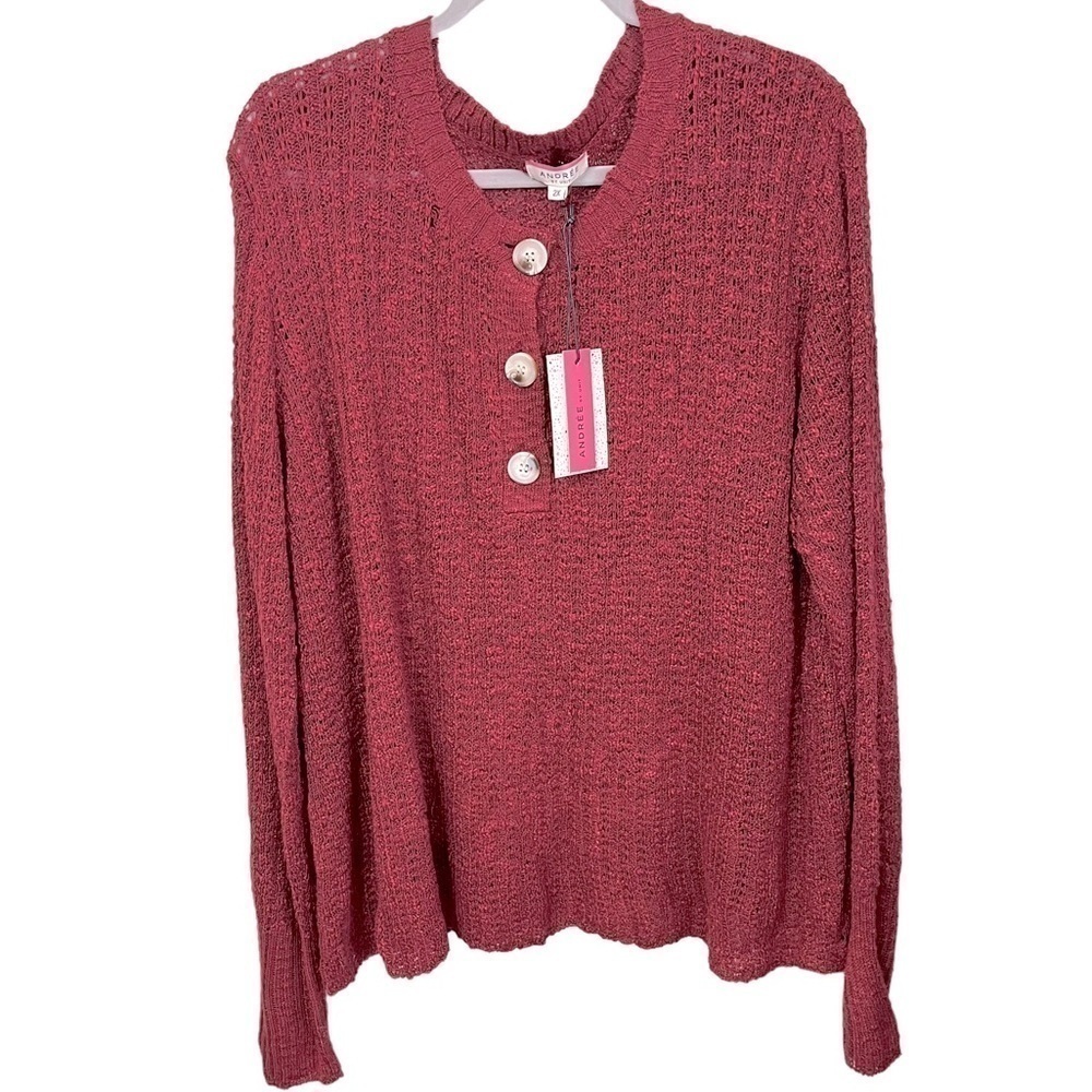 ANDREE by Unit Red Open Knit Henley Sweater Plus Size 2X‎